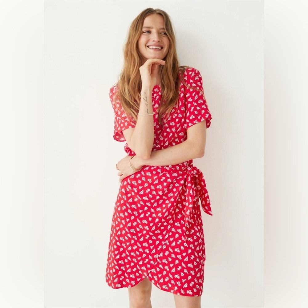 & Other Stories Dress Floral Faux Wrap Knot Cottagecore Coquette Red Size 0